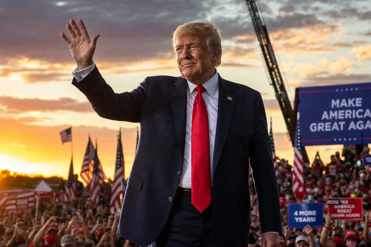 Donald Trump waving at an outdoor rally at sunset
